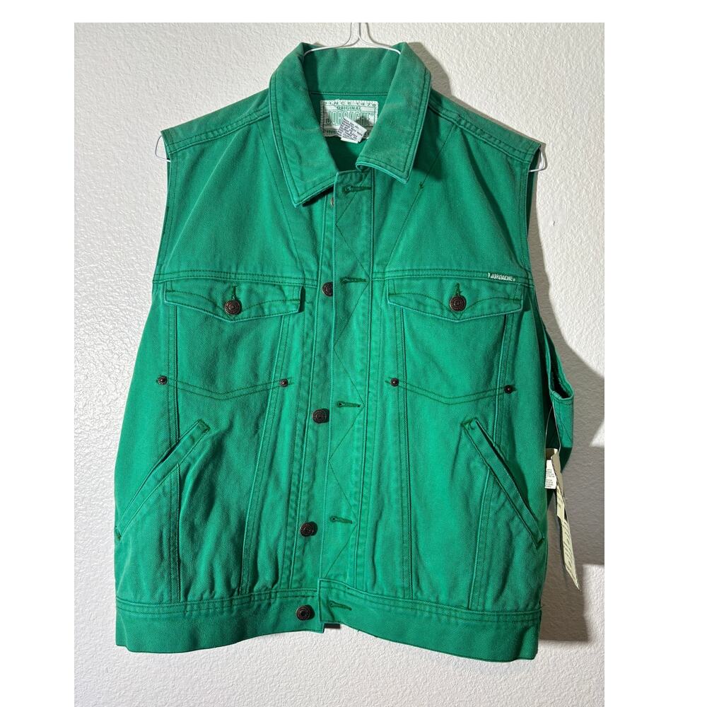 Jordache Women's Denim Vest Size L Green Button-Front Sleeveless Vintage NEW